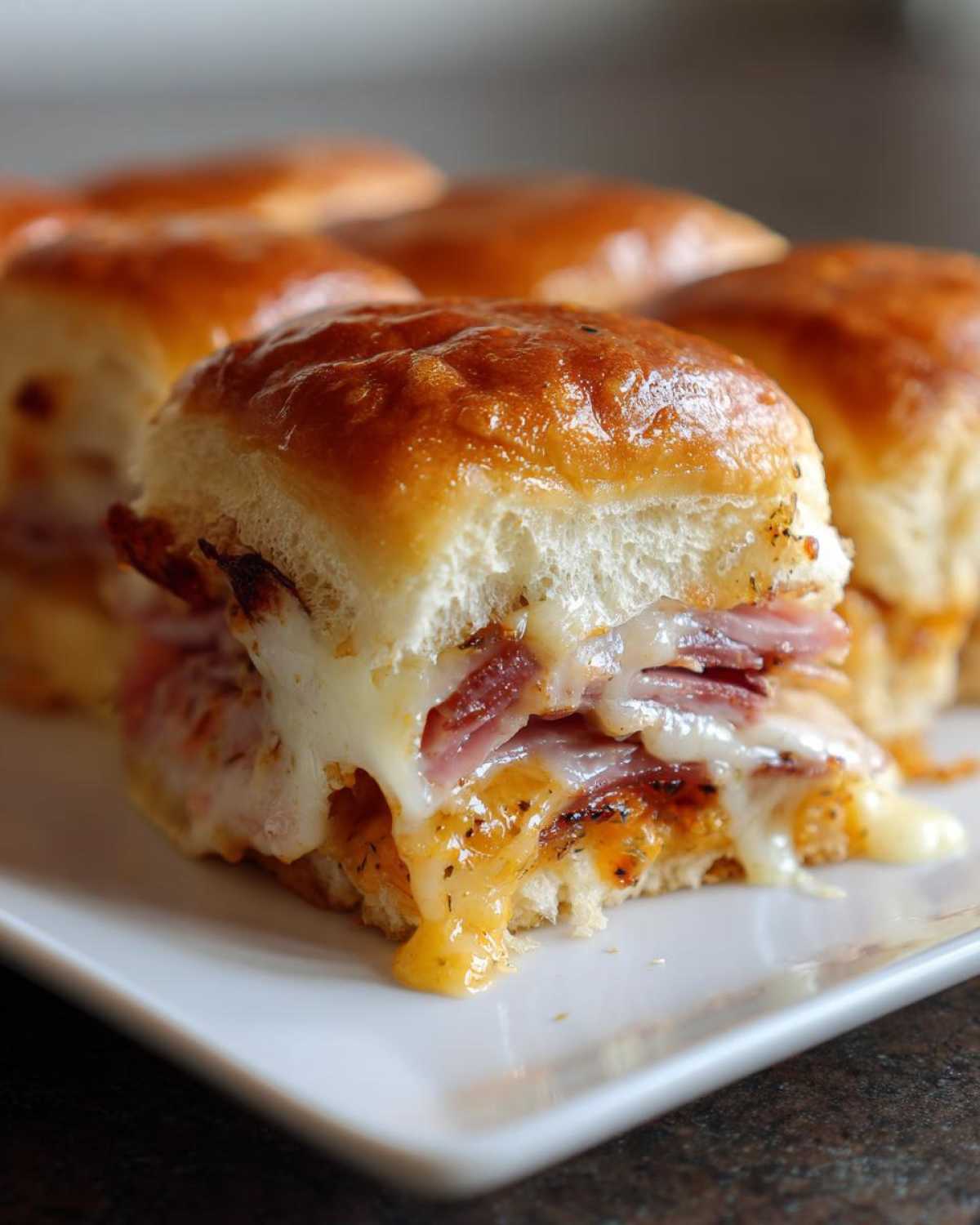Close-up of a Ham and Cheese Sliders sandwich with melted cheese oozing out onto a white plate.