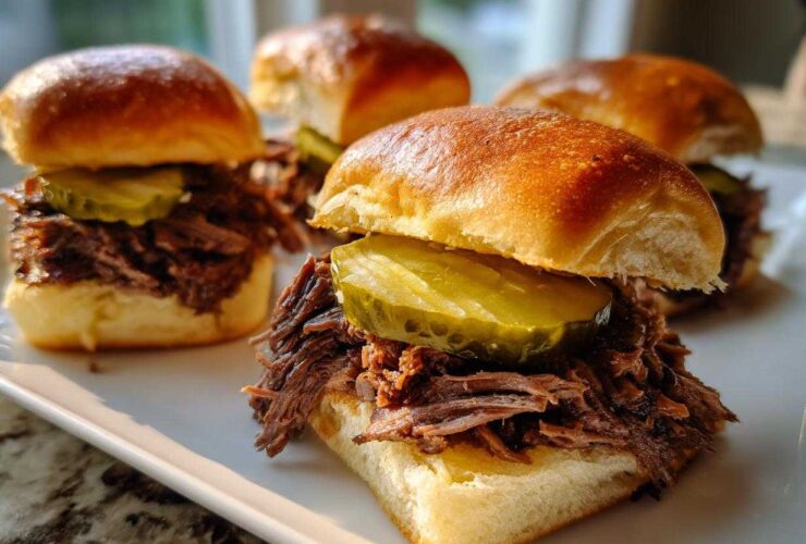 Four delicious Mississippi pot roast sliders piled high with shredded beef and topped with a thick pickle slice on brioche buns.