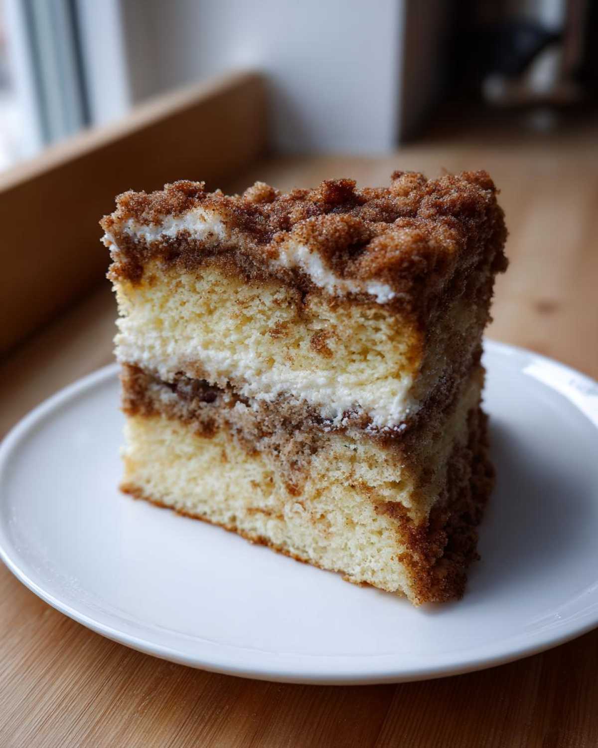 A thick slice of moist coffee cake featuring layers of cake, cream cheese filling, and a generous cinnamon streusel topping.