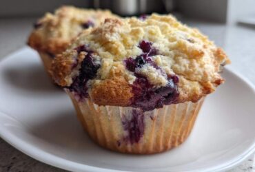 Close-up of a freshly baked, moist blueberry muffin topped with a golden crumb topping, sitting on a white plate.
