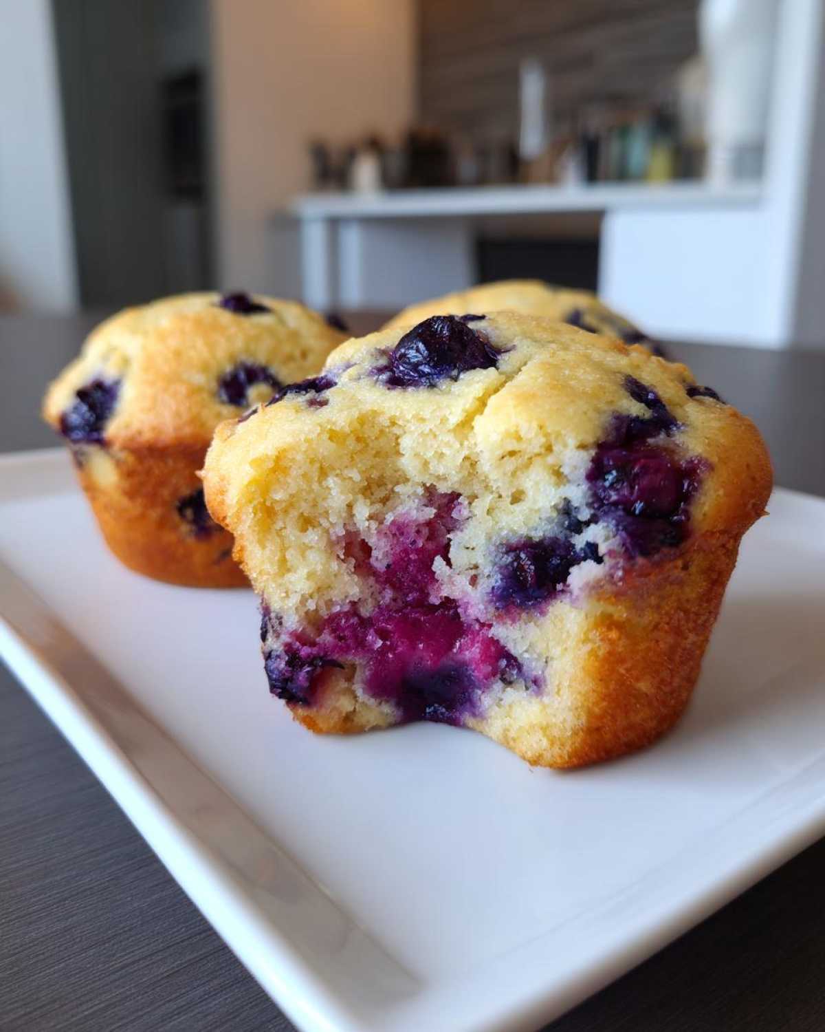 Close-up of a moist blueberry protein muffin, showing the bright purple interior bursting with blueberries.