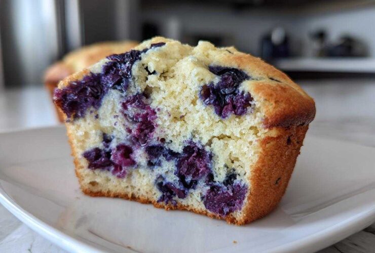 Close-up of a moist blueberry protein muffins cut in half, showing the fluffy interior and burst blueberries.
