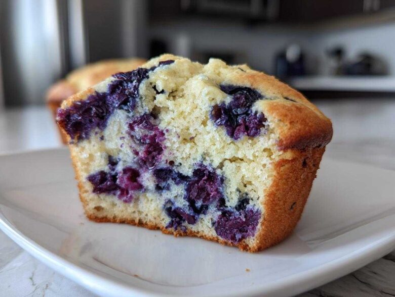 Close-up of a moist blueberry protein muffins cut in half, showing the fluffy interior and burst blueberries.
