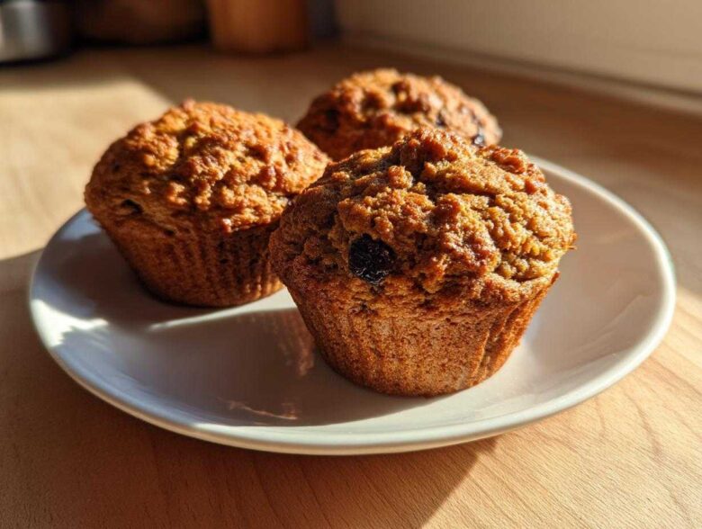 Three golden brown, moist bran muffins with visible raisins, sitting on a white plate in warm sunlight.