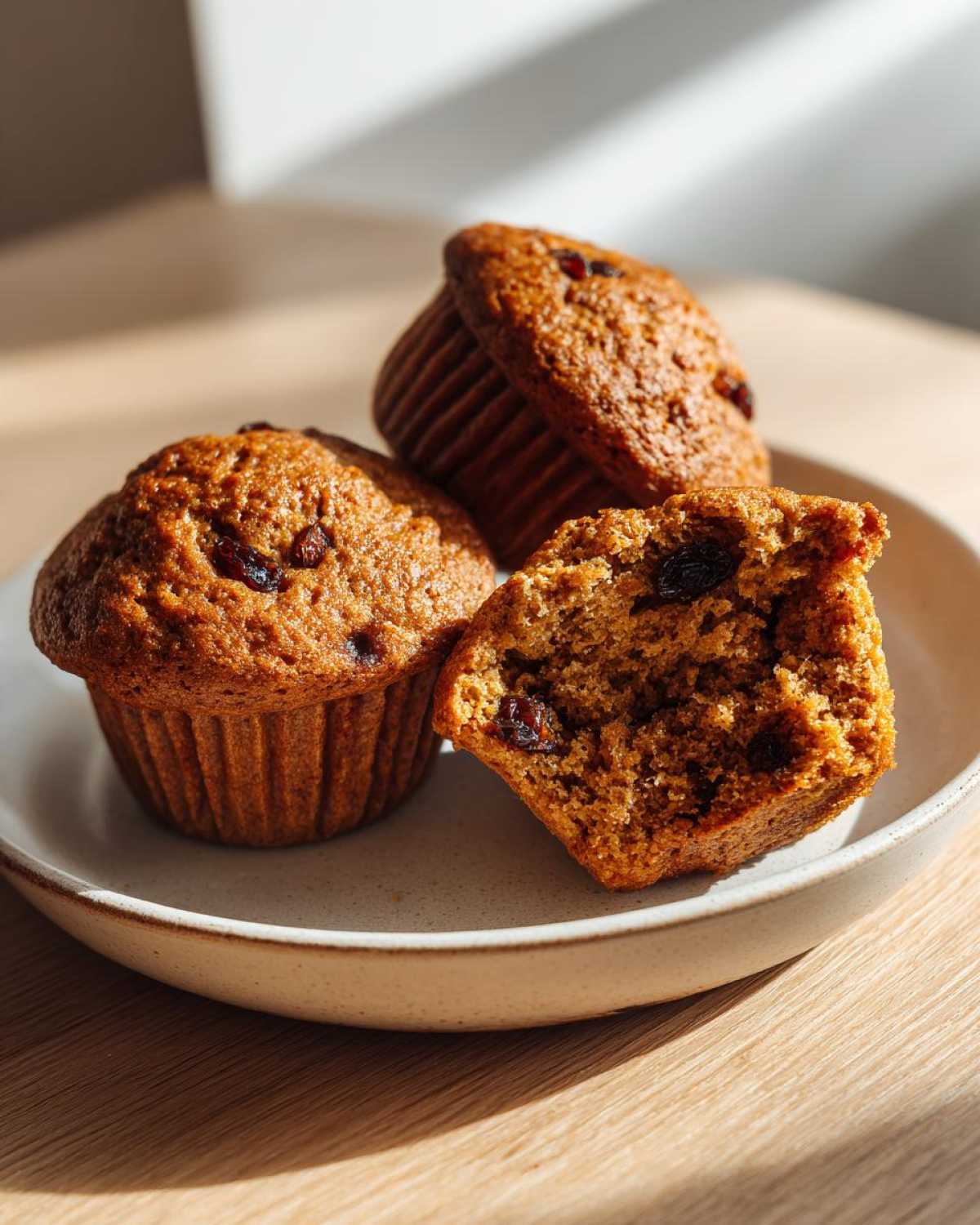 Three moist bran muffins, one cut in half showing the texture and raisins inside, sitting on a light ceramic plate.