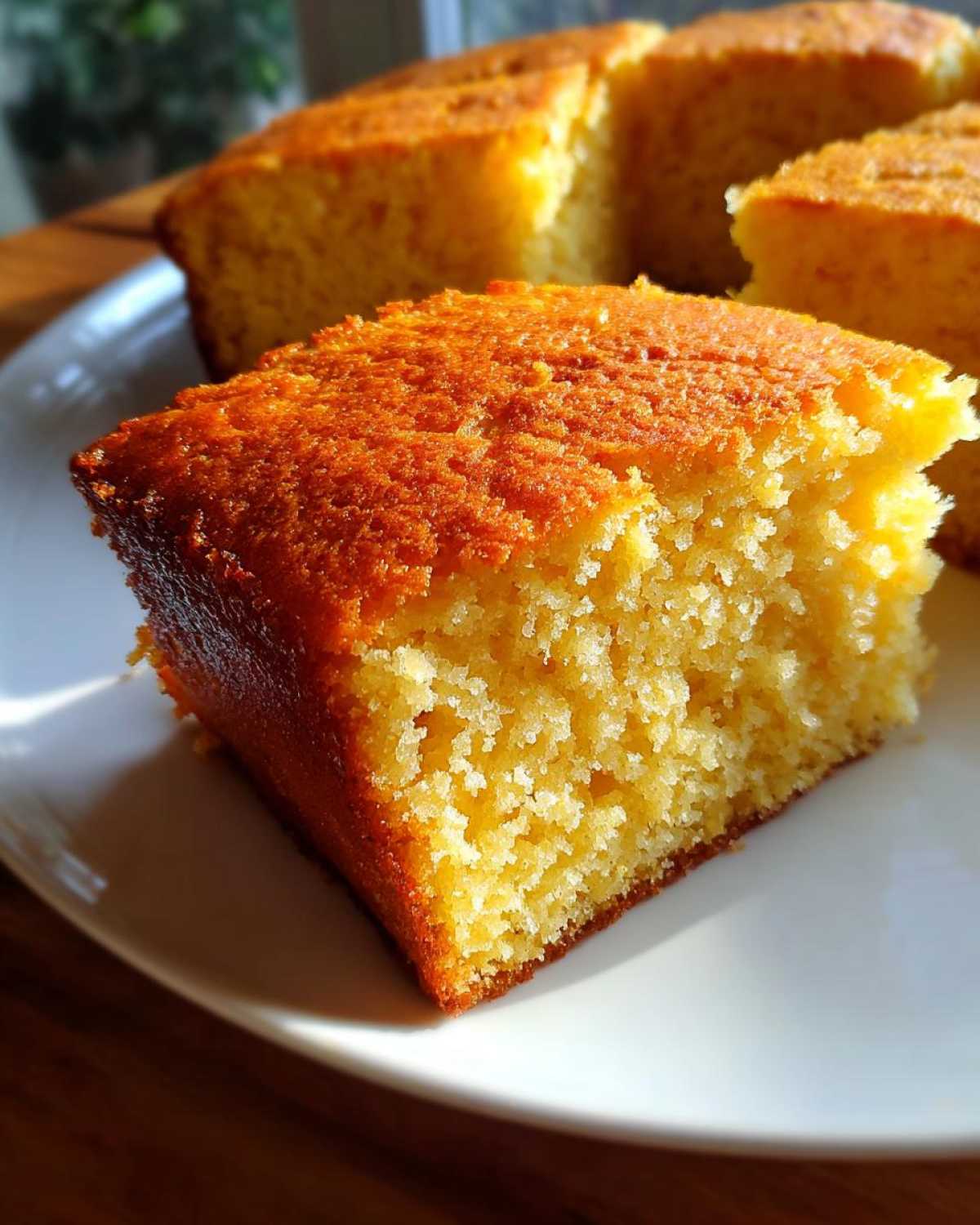 Close-up of a perfectly baked slice of buttermilk cornbread showing its moist, yellow crumb and golden-brown top.