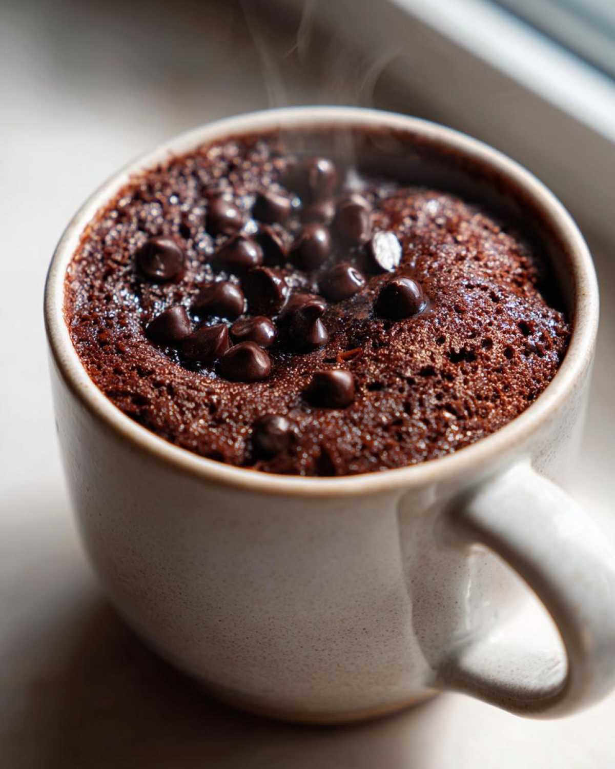 Close-up of a hot, moist chocolate mug cake topped with melted chocolate chips, gently steaming.