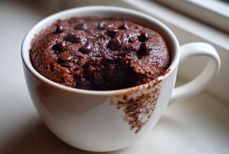 A close-up of a steaming, moist chocolate mug cake topped with chocolate chips inside a white mug.