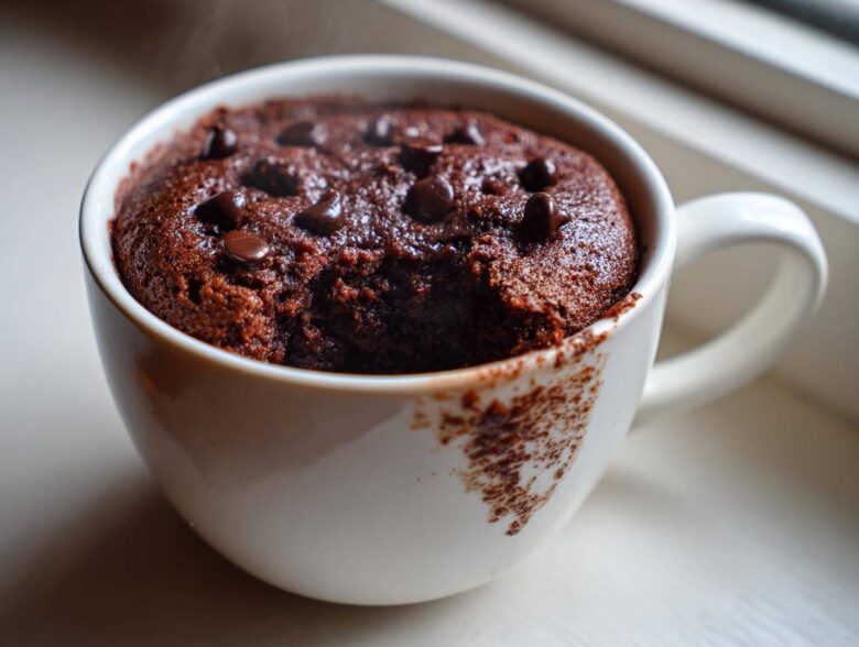 A close-up of a steaming, moist chocolate mug cake topped with chocolate chips inside a white mug.