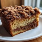 A close-up of a square slice of moist coffee cake showing a cinnamon swirl and thick brown sugar crumb topping.