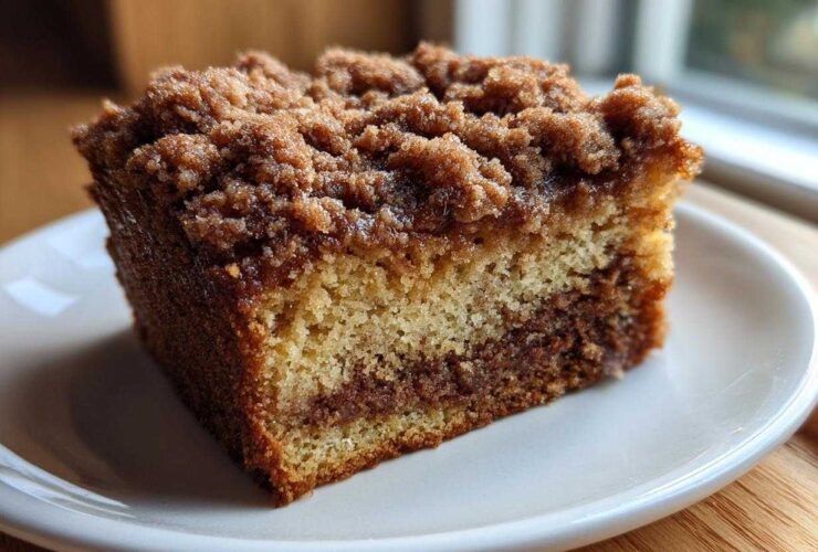 A close-up of a square slice of moist coffee cake showing a cinnamon swirl and thick brown sugar crumb topping.