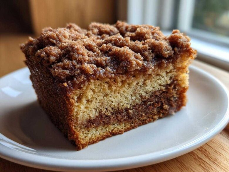 A close-up of a square slice of moist coffee cake showing a cinnamon swirl and thick brown sugar crumb topping.