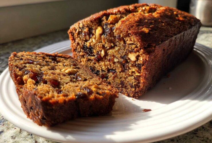 A close-up of a freshly baked loaf of date nut bread, with one thick slice cut and resting beside it on a white plate.