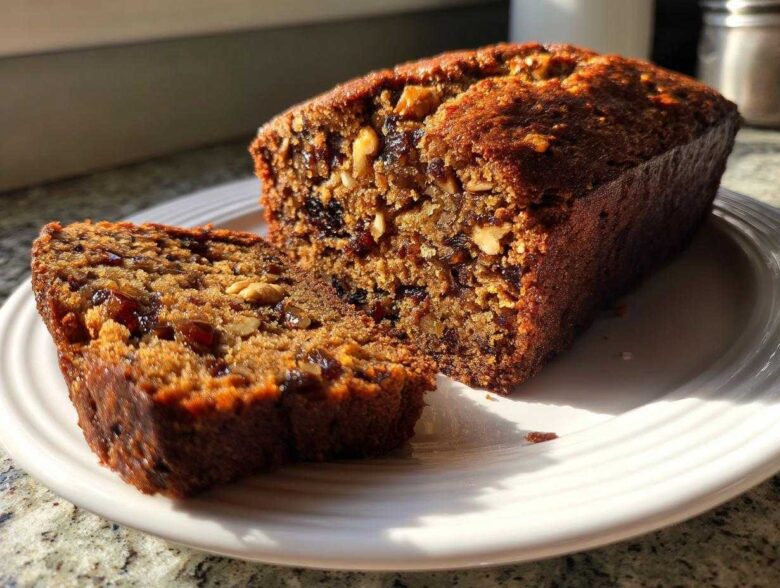 A close-up of a freshly baked loaf of date nut bread, with one thick slice cut and resting beside it on a white plate.