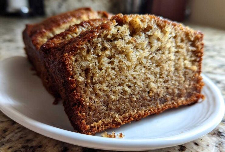 Close-up of moist, golden brown slices of sugar free banana bread served on a small white plate.