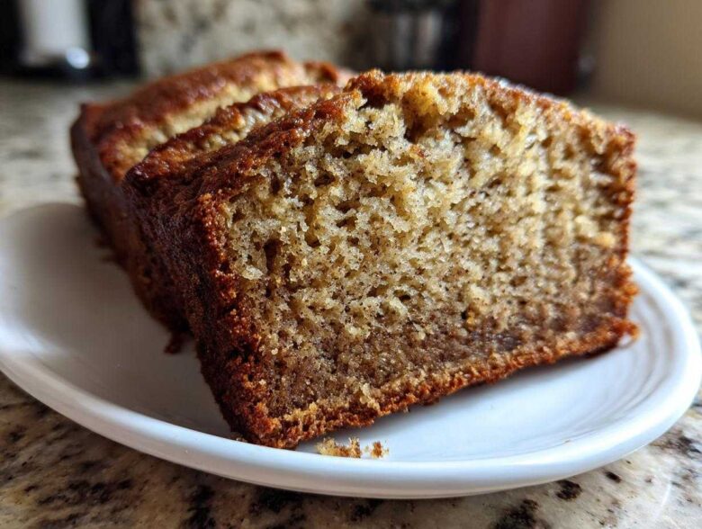 Close-up of moist, golden brown slices of sugar free banana bread served on a small white plate.