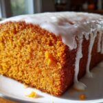 Close-up of a slice of moist sweet potato pound cake topped with thick, dripping white glaze.