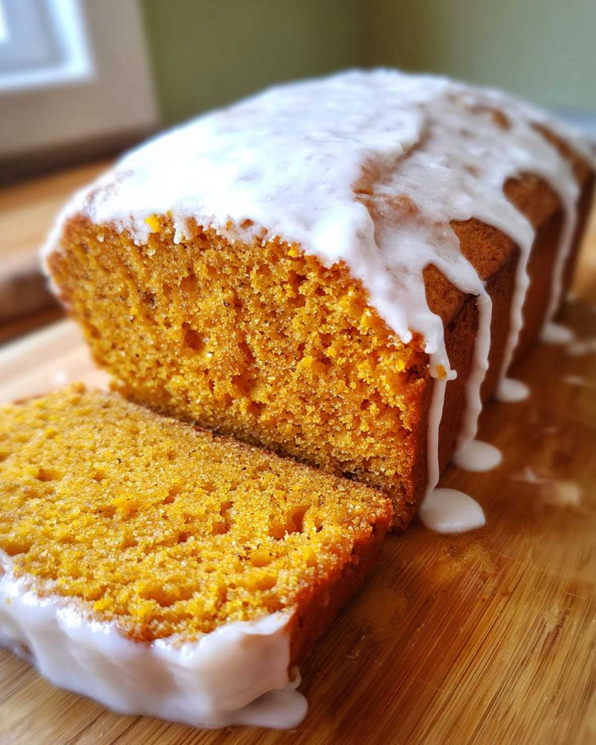 A slice cut from a moist sweet potato pound cake topped with a thick, dripping white glaze.