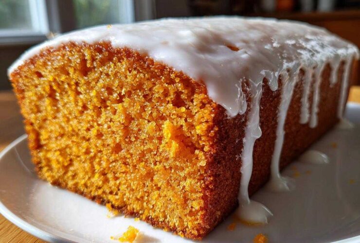 Close-up of a slice of moist sweet potato pound cake topped with thick, dripping white glaze.