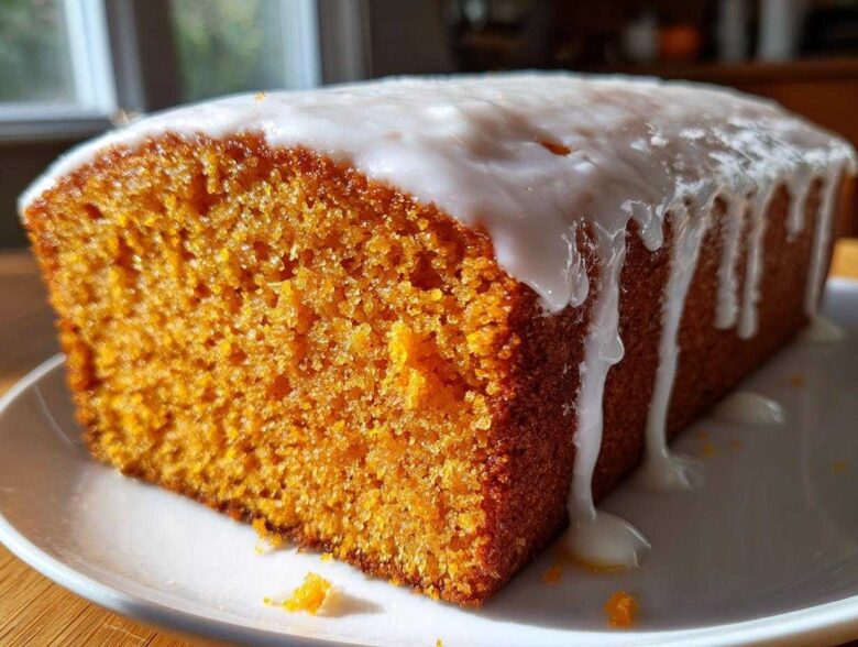 Close-up of a slice of moist sweet potato pound cake topped with thick, dripping white glaze.