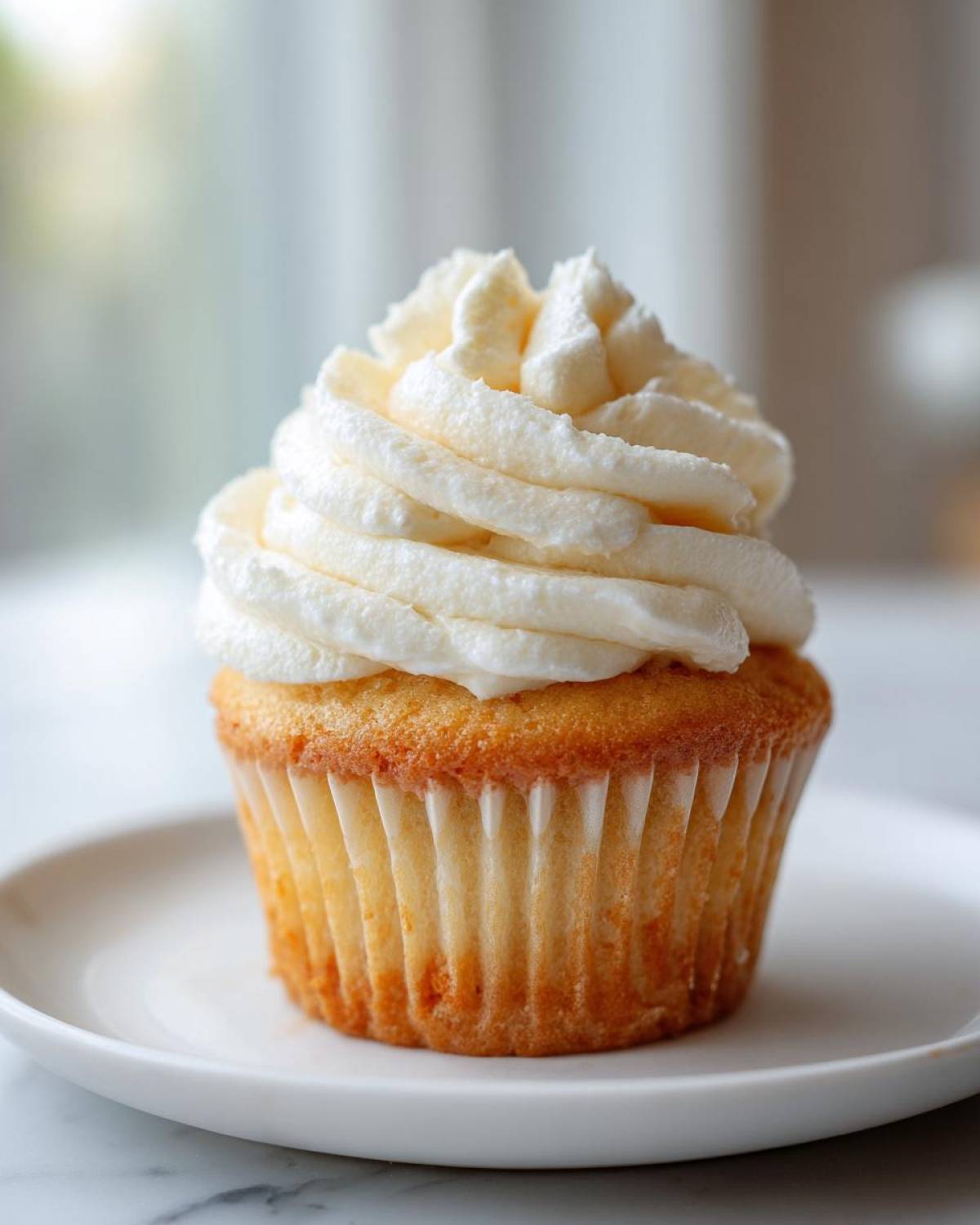A single, perfectly baked vanilla cupcake topped with a generous swirl of white vanilla buttercream frosting.