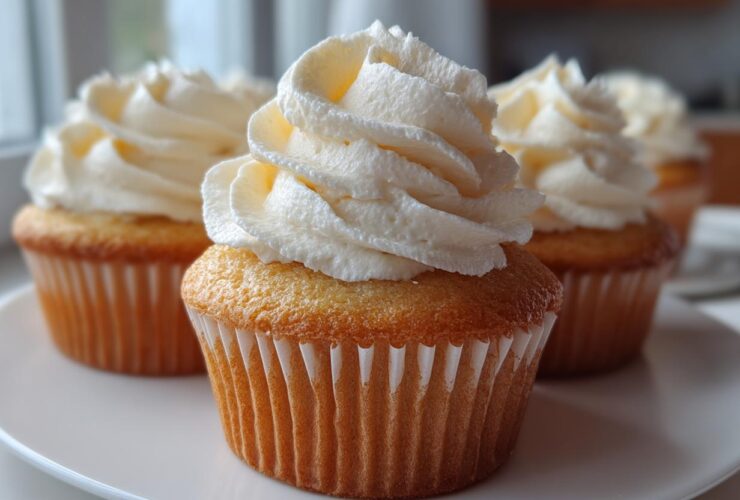 Close-up of three moist vanilla cupcakes topped with tall swirls of white buttercream frosting.