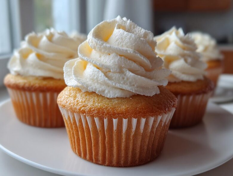 Close-up of three moist vanilla cupcakes topped with tall swirls of white buttercream frosting.