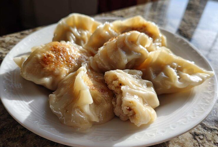 A plate of golden-brown, pan-fried Traditional Chinese Dumplings, one cut open showing the filling.