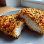 Cross-section view of juicy parmesan crusted chicken showing the golden, crispy coating and tender white meat inside.
