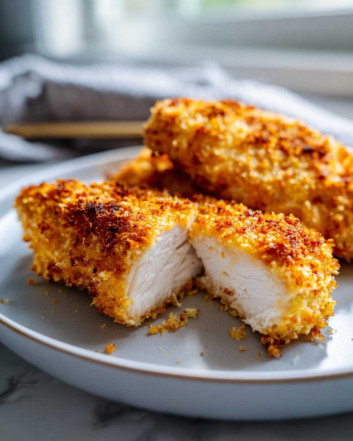 Close-up of parmesan crusted chicken cut in half showing juicy white meat inside the golden, crispy coating.