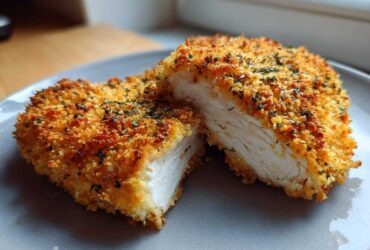 Cross-section view of juicy parmesan crusted chicken showing the golden, crispy coating and tender white meat inside.