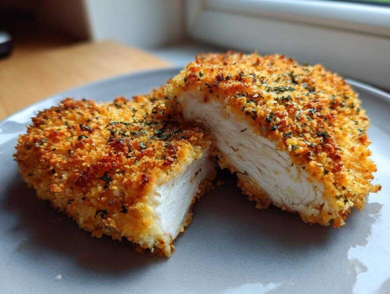 Cross-section view of juicy parmesan crusted chicken showing the golden, crispy coating and tender white meat inside.