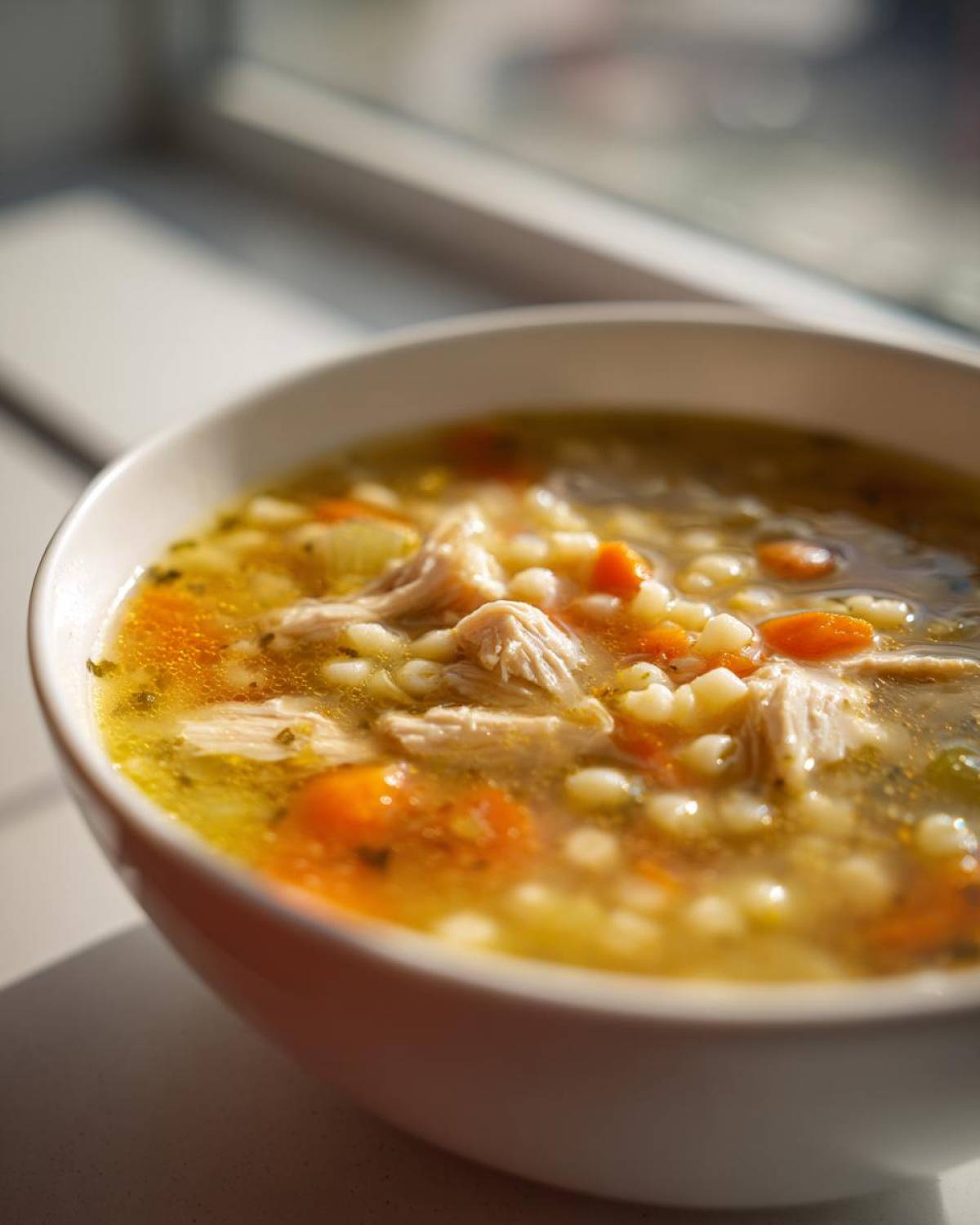 Close-up of a white bowl filled with hot penicillin soup, featuring shredded chicken, carrots, and small pasta shapes in a clear broth.