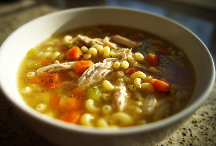 Close-up of a warm bowl of penicillin soup featuring shredded chicken, elbow macaroni, and bright orange carrots.