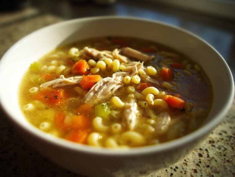 Close-up of a warm bowl of penicillin soup featuring shredded chicken, elbow macaroni, and bright orange carrots.
