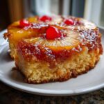A moist slice of pineapple upside down cake topped with caramelized pineapple rings and maraschino cherries.