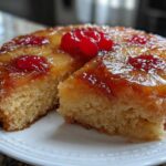 Close-up of a slice cut from a moist pineapple upside down cake, topped with caramelized pineapple and cherries.