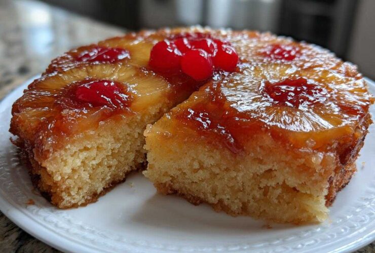 Close-up of a slice cut from a moist pineapple upside down cake, topped with caramelized pineapple and cherries.