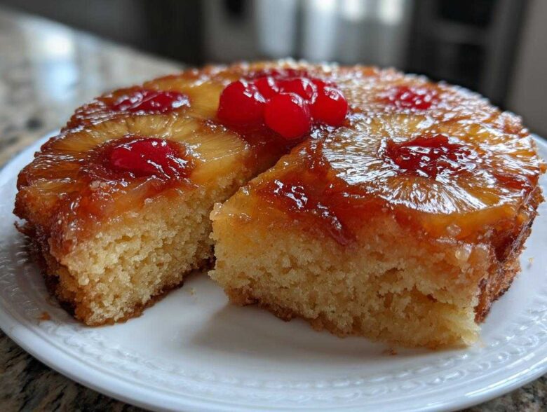 Close-up of a slice cut from a moist pineapple upside down cake, topped with caramelized pineapple and cherries.