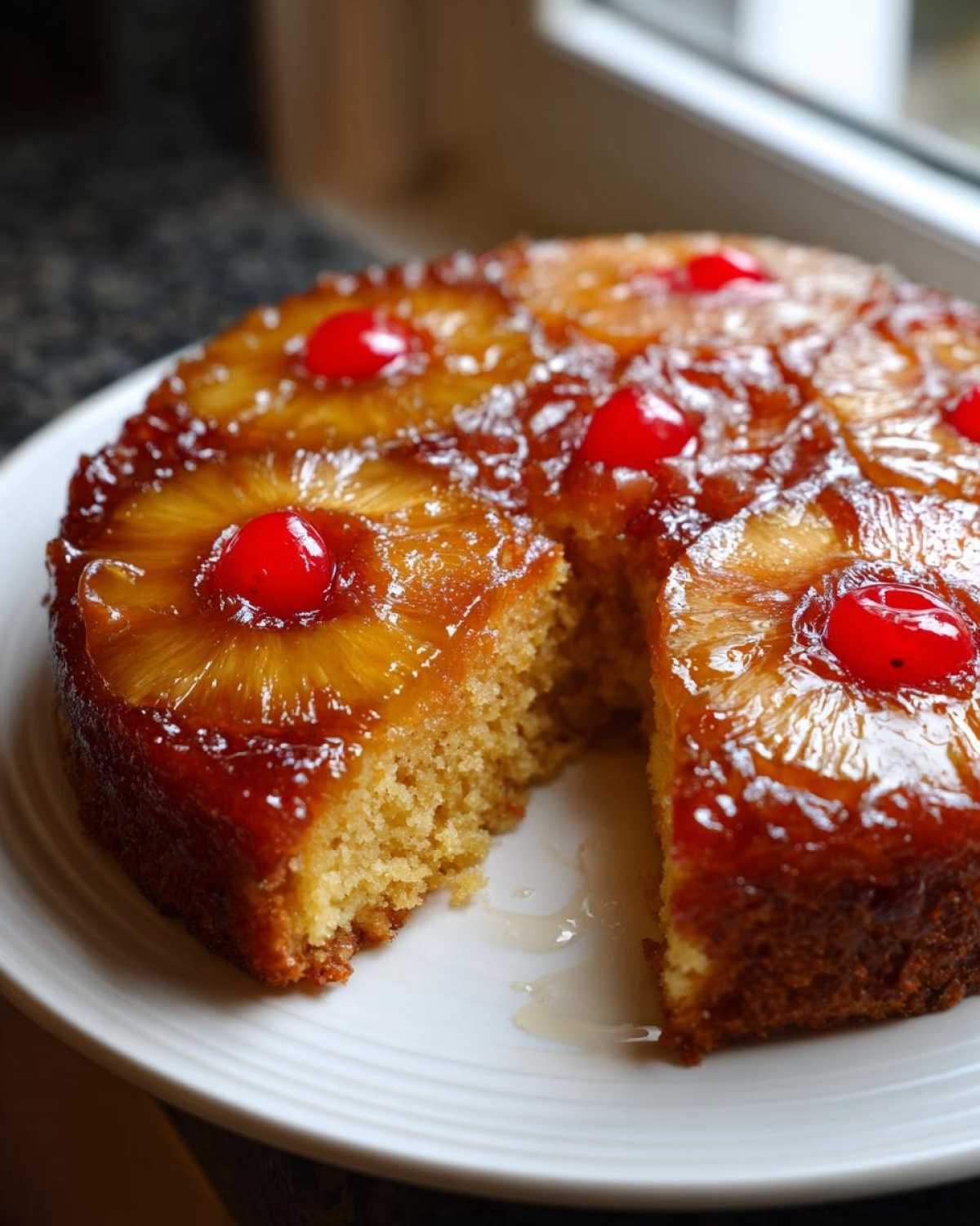 A round pineapple upside down cake with a slice removed, showing the moist crumb and caramelized pineapple topping.
