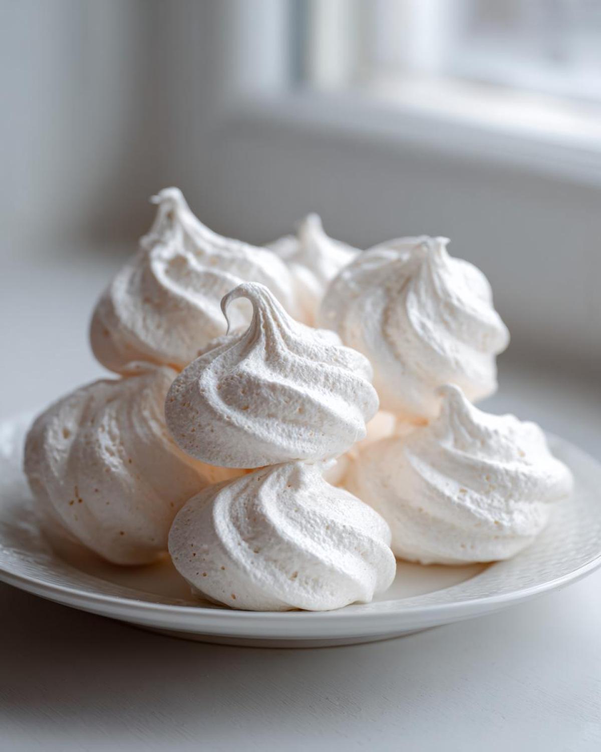 A stack of perfectly piped, white meringue cookies resting on a small white plate near a bright window.