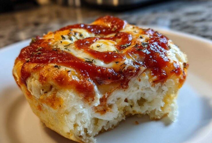 Close-up of a single, fluffy pizza muffin with melted cheese, tomato sauce, and herbs, showing a bite taken out.