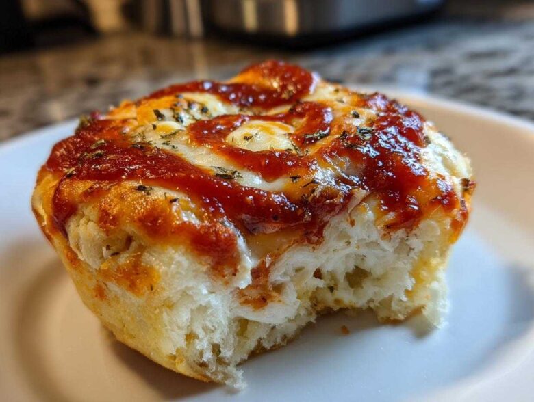Close-up of a single, fluffy pizza muffin with melted cheese, tomato sauce, and herbs, showing a bite taken out.