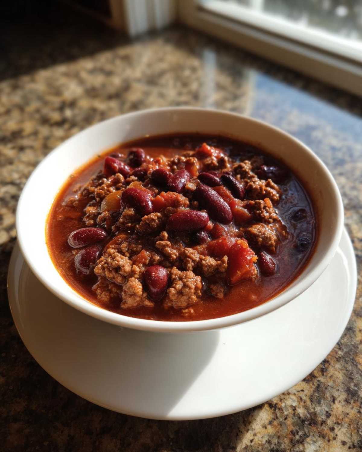 A close-up of a white bowl filled with rich, hearty crockpot chili featuring ground beef and kidney beans.