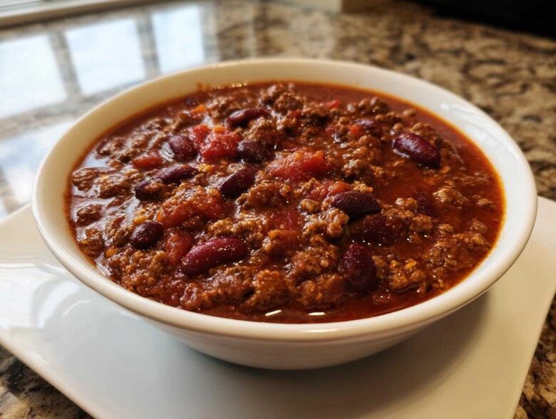 A close-up of a white bowl filled with rich, hearty crockpot chili featuring ground meat and kidney beans.