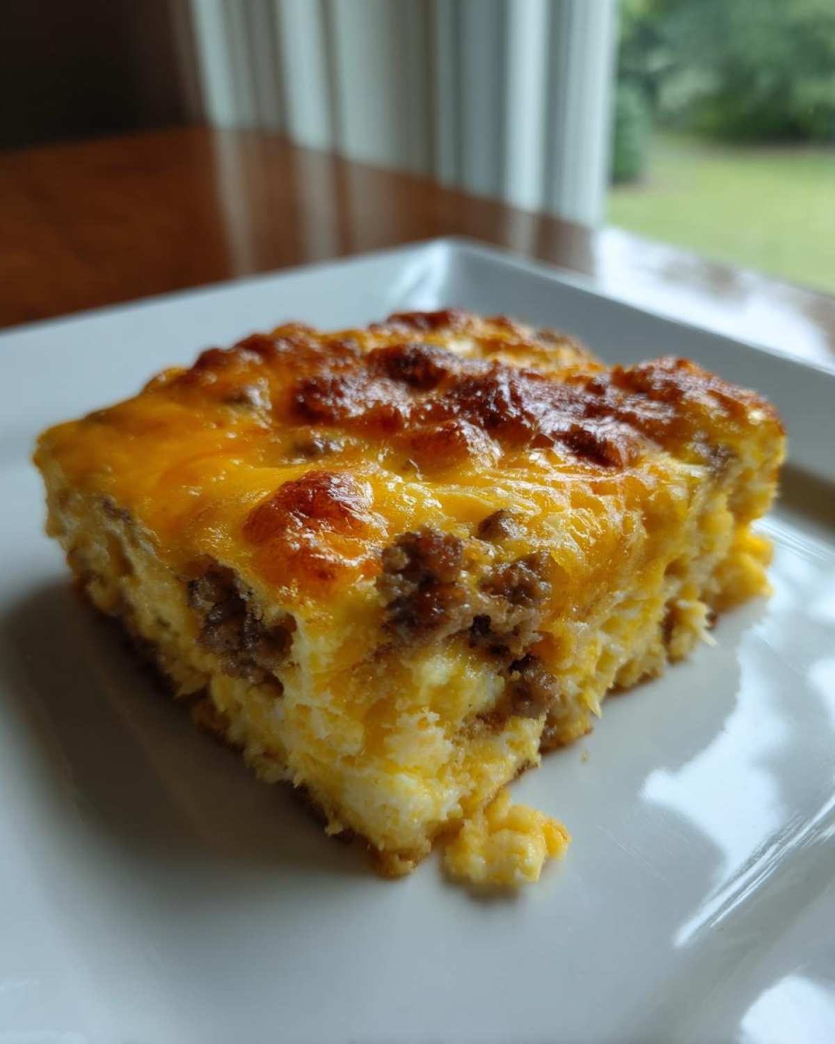 Close-up of a square slice of sausage egg bake with melted, browned cheese topping on a white plate.