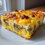 A close-up of a square slice of sausage egg bake with layers of hash browns, sausage, and melted golden cheese on top.