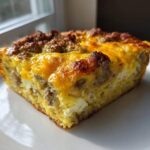 A close-up, featured photo of a square slice of sausage egg bake on a white plate, showing a golden-brown, cheesy top.