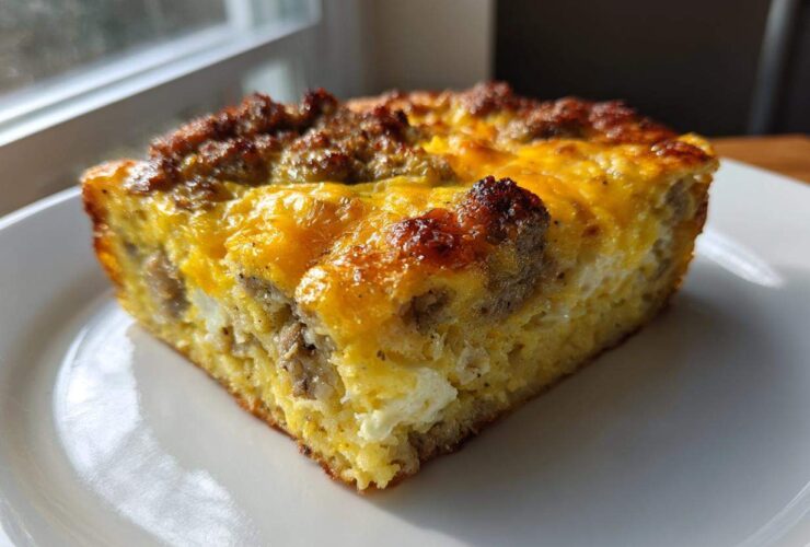 A close-up, featured photo of a square slice of sausage egg bake on a white plate, showing a golden-brown, cheesy top.