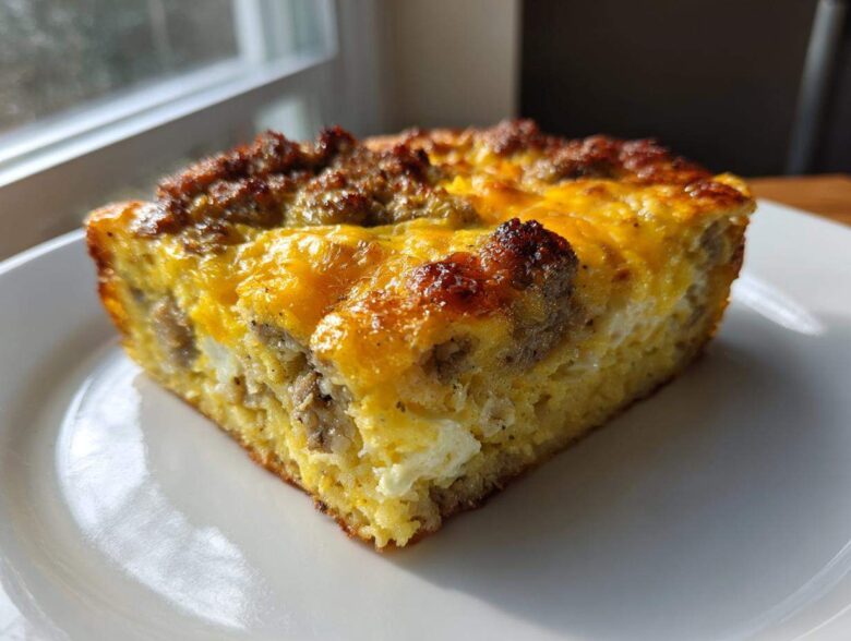 A close-up, featured photo of a square slice of sausage egg bake on a white plate, showing a golden-brown, cheesy top.